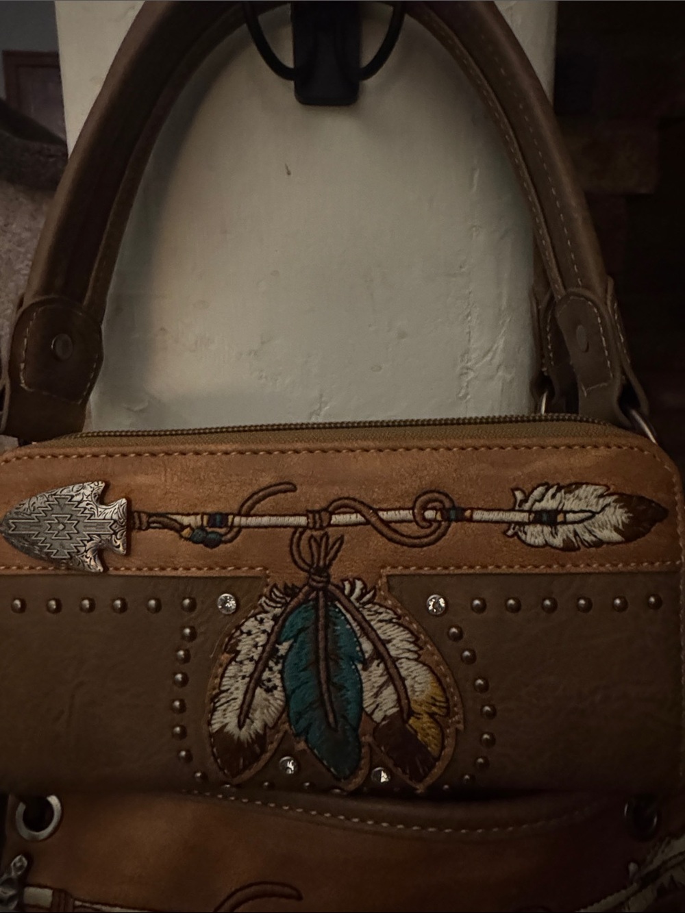 Tan Embroidered Feather Shoulder Bag with Stud and Tassel Detail - Picture 4 of 11